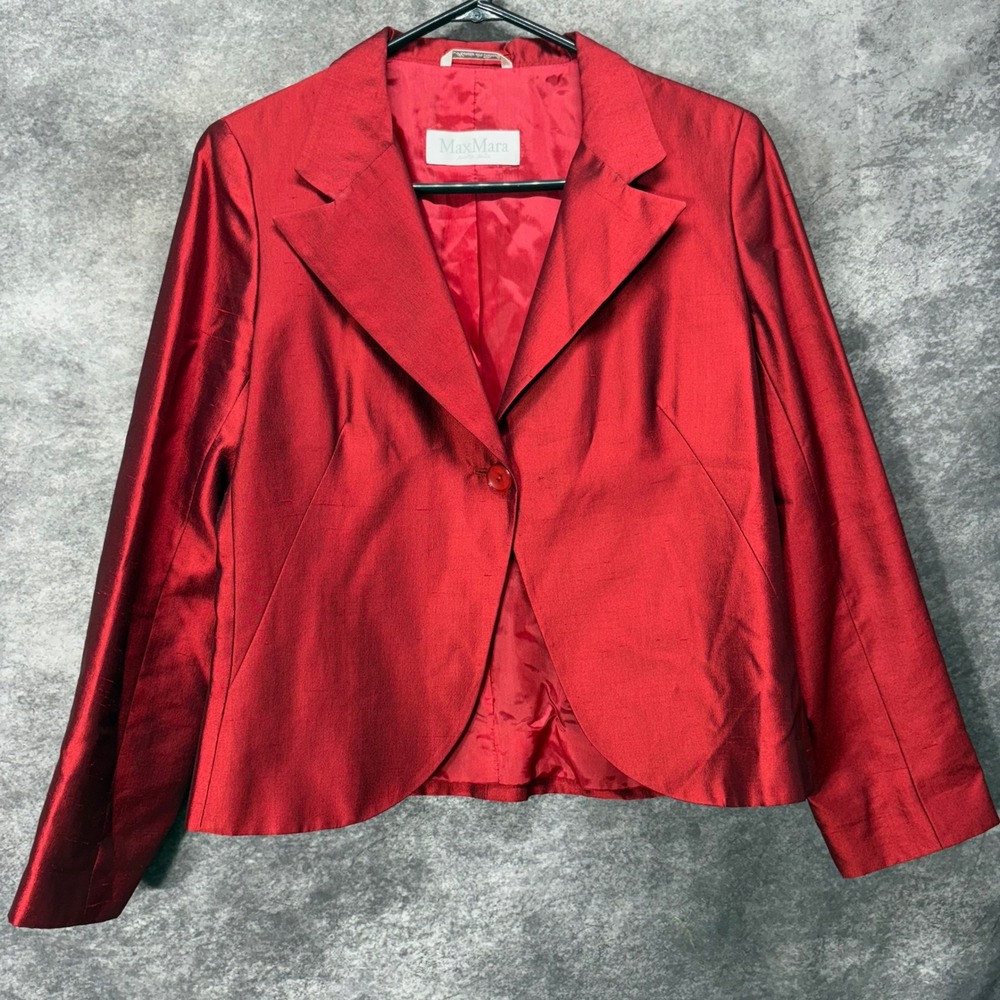 Max Mara‎ Red 100% Silk Blazer Jacket Women's 10 US 44 IT Glam Old Money Luxury